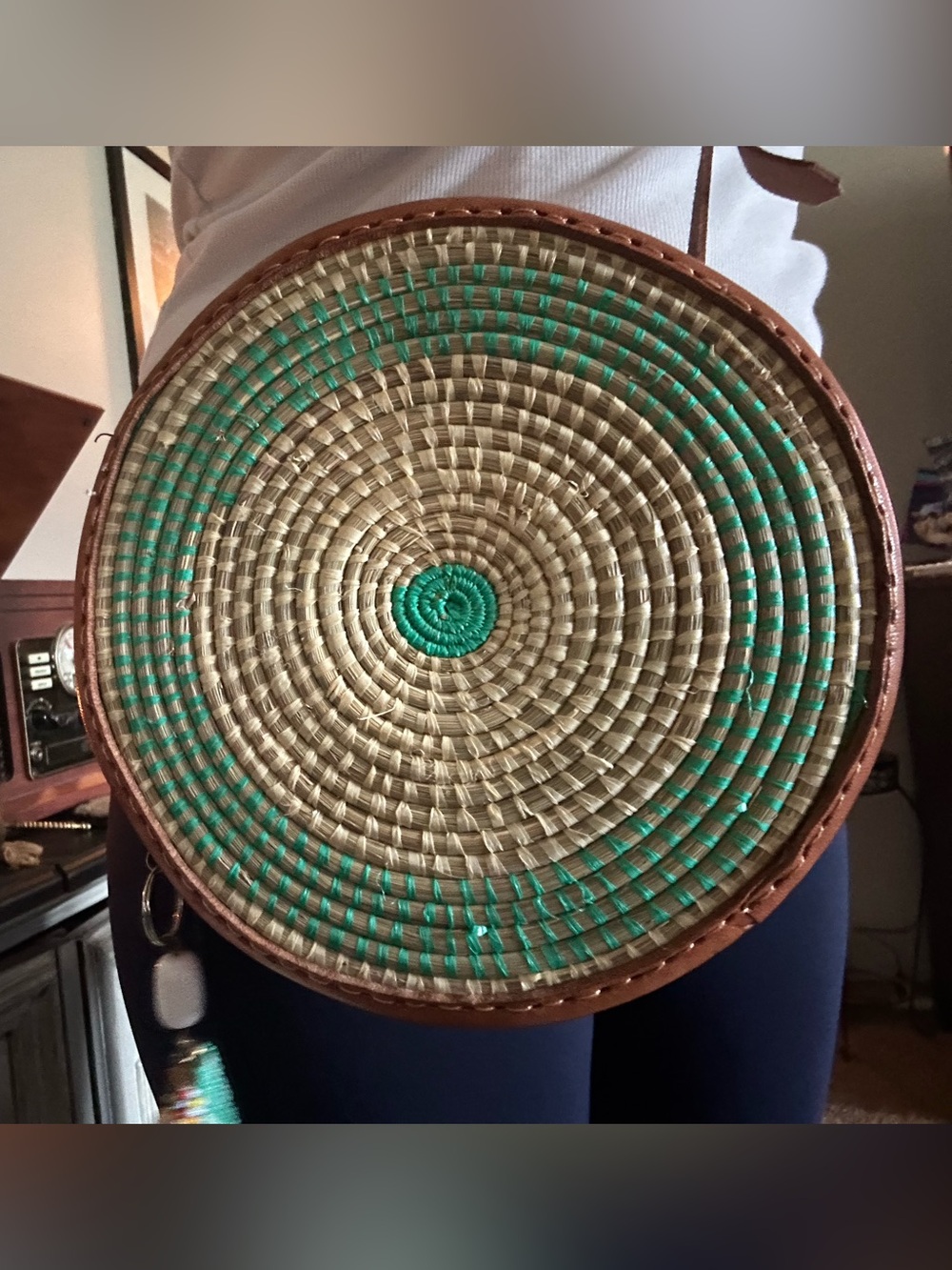 Handwoven Round Straw Crossbody leather purse in Natural and Teal